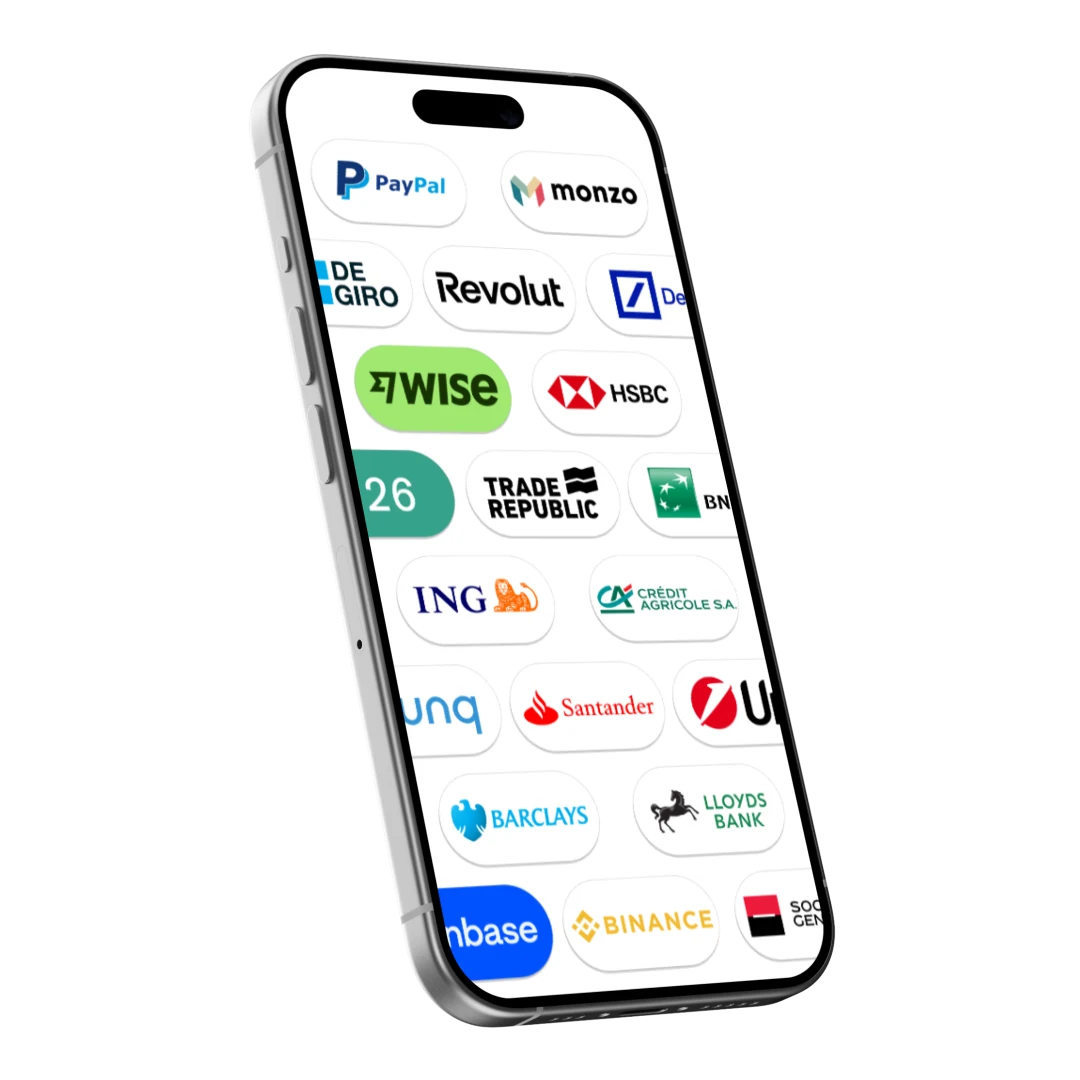 Bank AI iPhone app showing PayPal, Monzo, Revolut, HSBC, Wise, Trade Republic, ING, Crédit Agricole, Santander, Barclays, Lloyds, Coinbase, Binance and more institutions in one place.